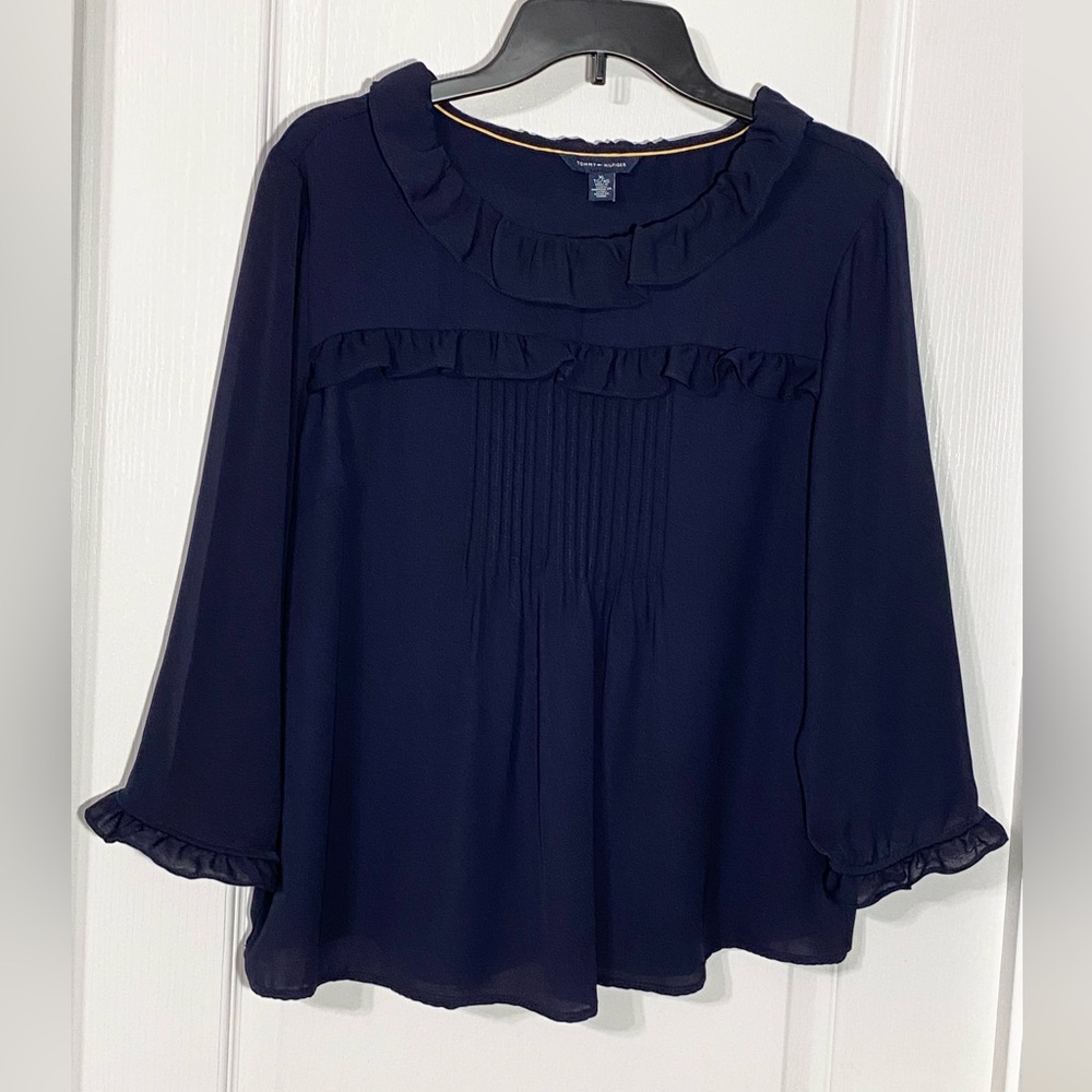 Tommy Hilfiger Ruffle Trim Pintuck Front 3/4 Sleeve Flowy Blouse Navy XL